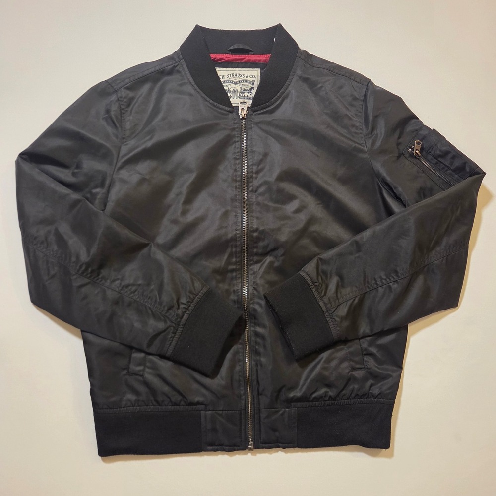 Levis Mens Black Bomber Jacket Flight MA-1 Style Red Lining Small